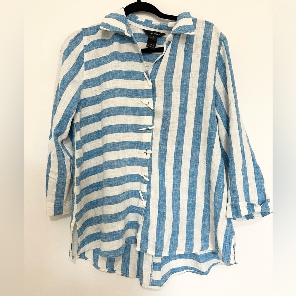 Ali Miles Top Womens Blue White Wire Collar Linen Blend Art Beach Coastal medium